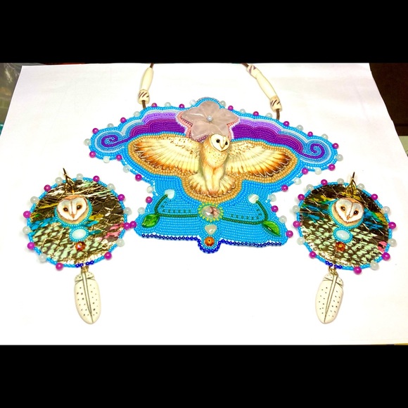 Beaded Beadwork Owl Necklace Earrings jewelry Set Opal Gemstone Bead Embroidery - Picture 8 of 10